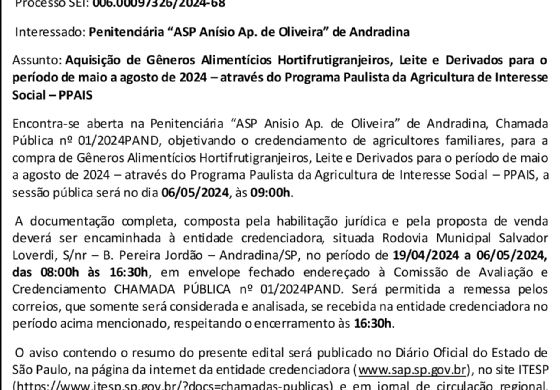 AVISO DE CREDENCIAMENTO - Penitenciária “ASP Anísio Ap. de Oliveira” de Andradina