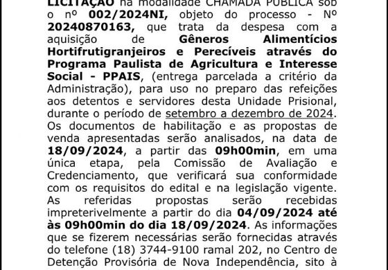 AVISO DE ABERTURA - CHAMADA PÚBLICA PPAIS