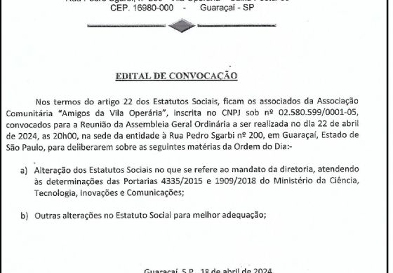 EDITAL DE CONVOCAÇÃO - ASSOCIAÇÃO COMUNITÁRIA AMIGOS DA VILA OPERÁRIA
