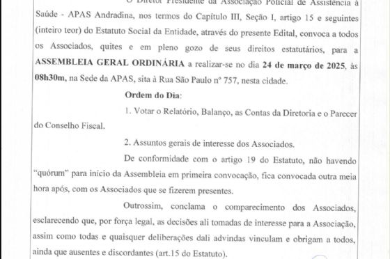 Edital Associação Policial de Assistência à Saúde - APAS - Assembleia Geral Ordinária