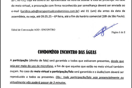 Edital de Convocação Assembleia Geral Condômino Encontro das Águas