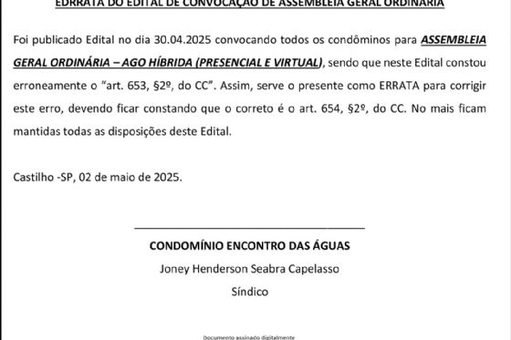 ERRATA DO EDITAL DE CONVOCAÇÃO DE ASSEMBLEIA GERAL ORDINÁRIA - CONDOMÍNIO ENCONTRO DAS ÁGUAS