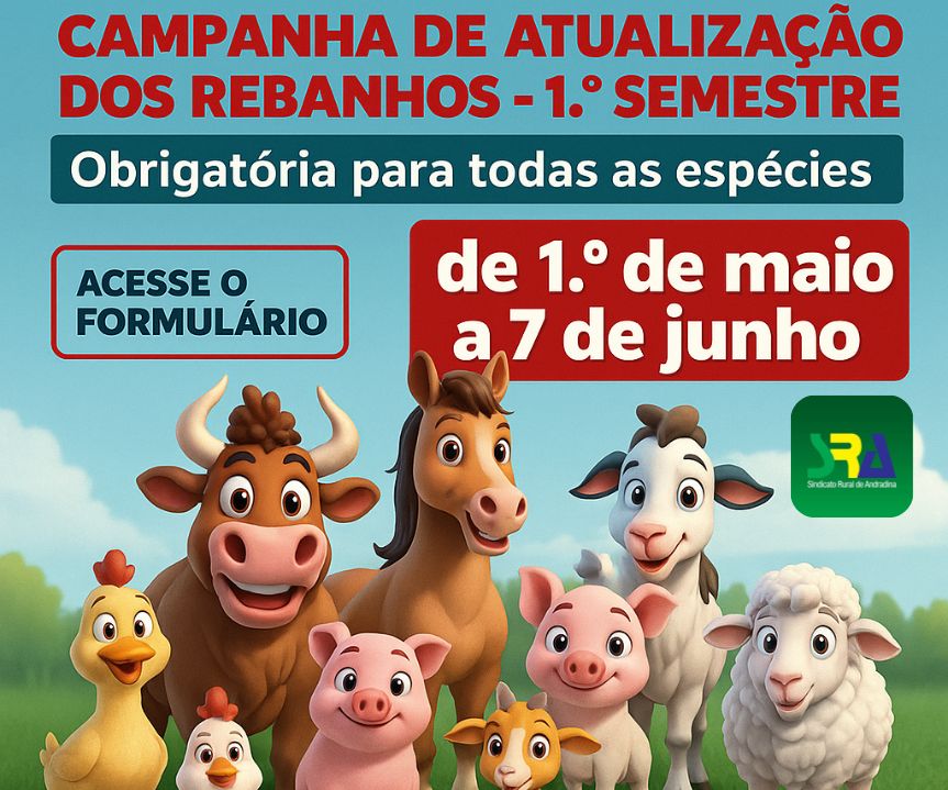 Sindicato Rural de Andradina orienta produtores a atualizarem seus rebanhos até 7 de junho - Para mais informações ou auxílio no preenchimento, os produtores podem procurar o Sindicato Rural de Andradina ou a unidade local da Defesa Agropecuária Sindicato Rural de Andradina orienta produtores a atualizarem seus rebanhos até 7 de junho - Para mais informações ou auxílio no preenchimento, os produtores podem procurar o Sindicato Rural de Andradina ou a unidade local da Defesa Agropecuária
