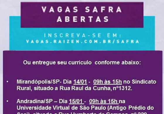Parceria entre Governo de Andradina e Raízen recebe currículos no próximo dia 15