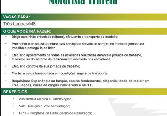 PAT oferece oportunidade de emprego para motorista tritrem em Pereira Barreto