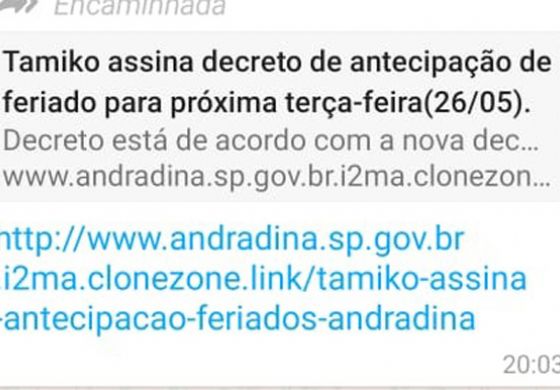 Fake News: Circula na Internet falsa notícia sobre antecipação de feriado em Andradina