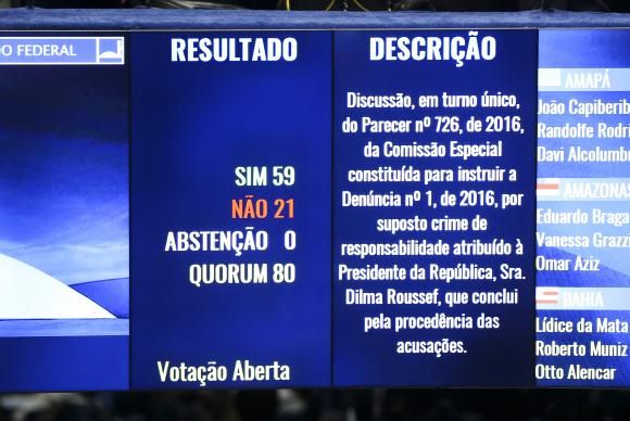 Plenário do Senado aprovou hoje (10) o relatório do senador Antonio Anastasia que julga procedente a denúncia contra a presidenta afastada Dilma RousseffMarcelo Camargo/Agência Brasil