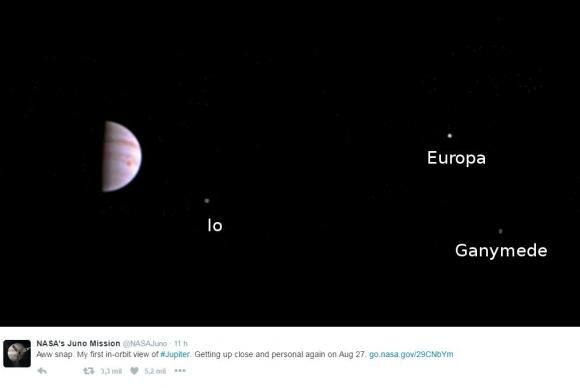 Na foto são visíveis três dos quatro maiores satélites de Júpiter: Io, Europa e Ganimedes Divulgação/Twitter