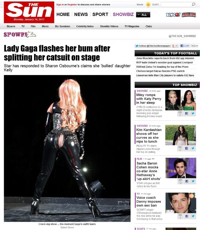 Calça de Lady Gaga rasga durante show da cantora no Canadá. Foto: reprodução The Sun