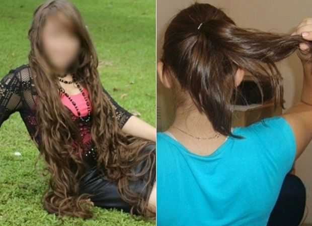 Delegacia da Mulher vai investigar roubo de cabelo em Rio Preto - Adolescente em fotos antes do roubo e depois, com o que restou do cabelo (Foto: Arquivo pessoal/ reprodução G1)