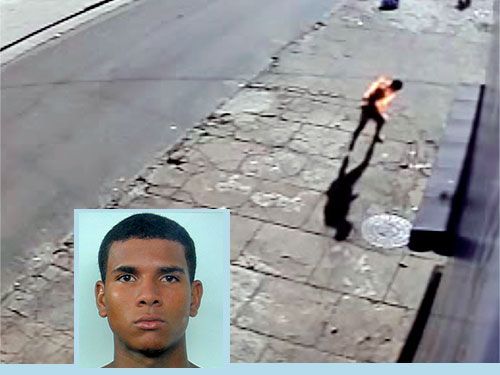 Momento em que uma das vítimas corre com corpo em chamas; no destaque, acusado do crime. Foto: Reprodução/Folha da Região de Araçatuba