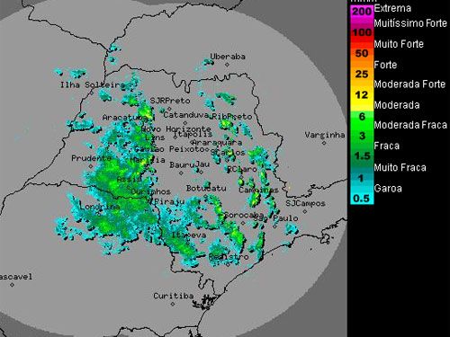 Radar da Unesp de Bauru registra várias ocorrências de chuva sobre o Estado de São Paulo. Foto: Reprodução 