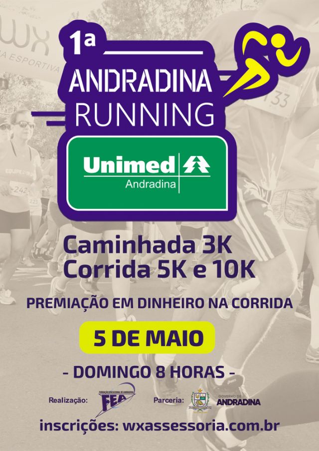 1ª Andradina Running Unimed terá as categorias 5 e 10km, além da caminhada de 3km – crédito: Secom/Prefeitura