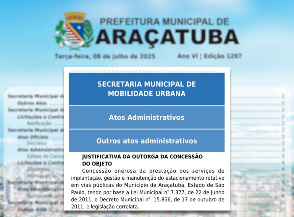 Araçatuba avança com projeto para implantar estacionamento rotativo em vias públicas - Araçatuba publica justificativa para concessão do estacionamento rotativo Araçatuba avança com projeto para implantar estacionamento rotativo em vias públicas - Araçatuba publica justificativa para concessão do estacionamento rotativo