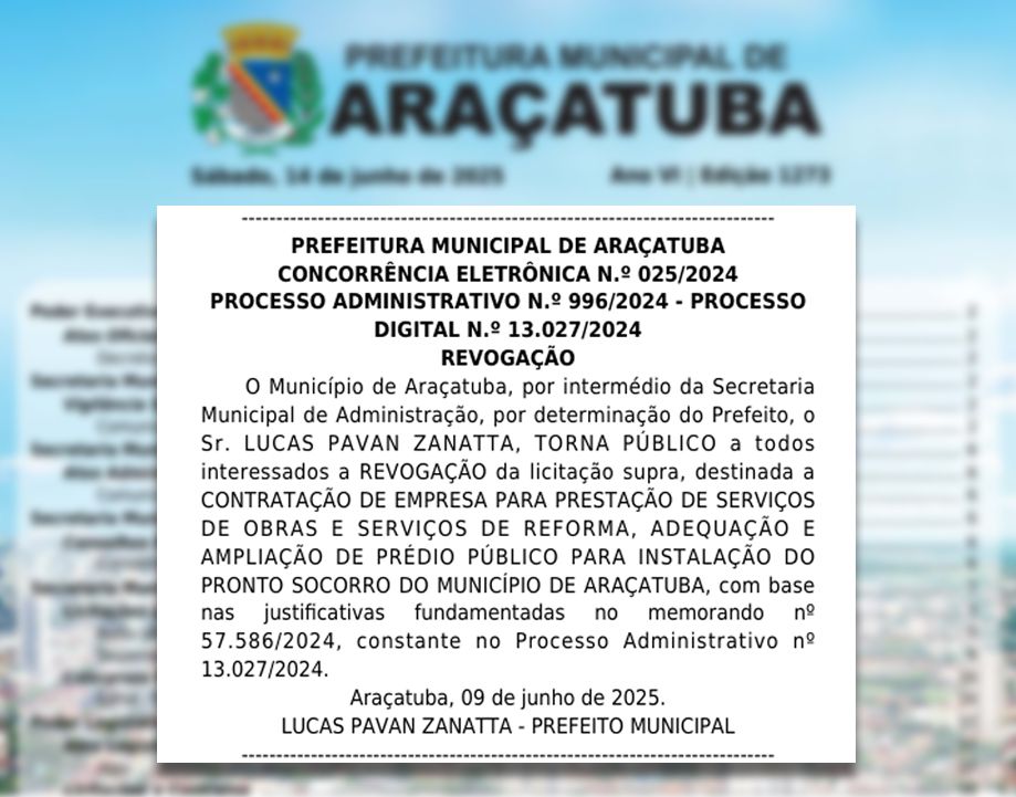 Prefeitura de Araçatuba revoga licitação e vai economizar R$ 11 milhões para reforma e ampliação do Hospital da Mulher - Decisão foi publicada no último sábado (14), no Diário Oficial Eletrônico (DOE) Prefeitura de Araçatuba revoga licitação e vai economizar R$ 11 milhões para reforma e ampliação do Hospital da Mulher - Decisão foi publicada no último sábado (14), no Diário Oficial Eletrônico (DOE)