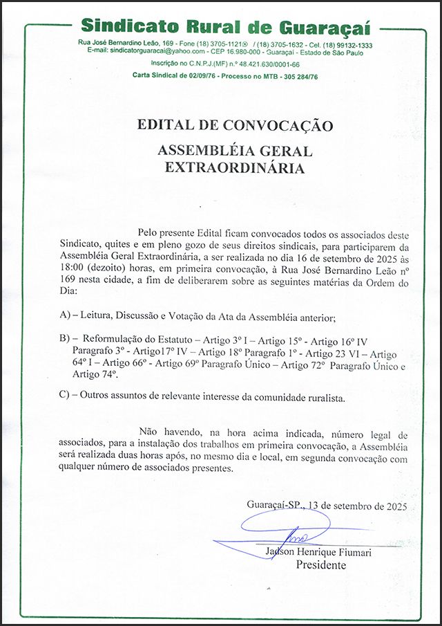 Edital de Convocação Assembleia Geral Extraordinária - Sindicato Rural de Guaraçaí - Edital de Convocação Assembleia Geral - Sindicato Rural de Guaraçaí