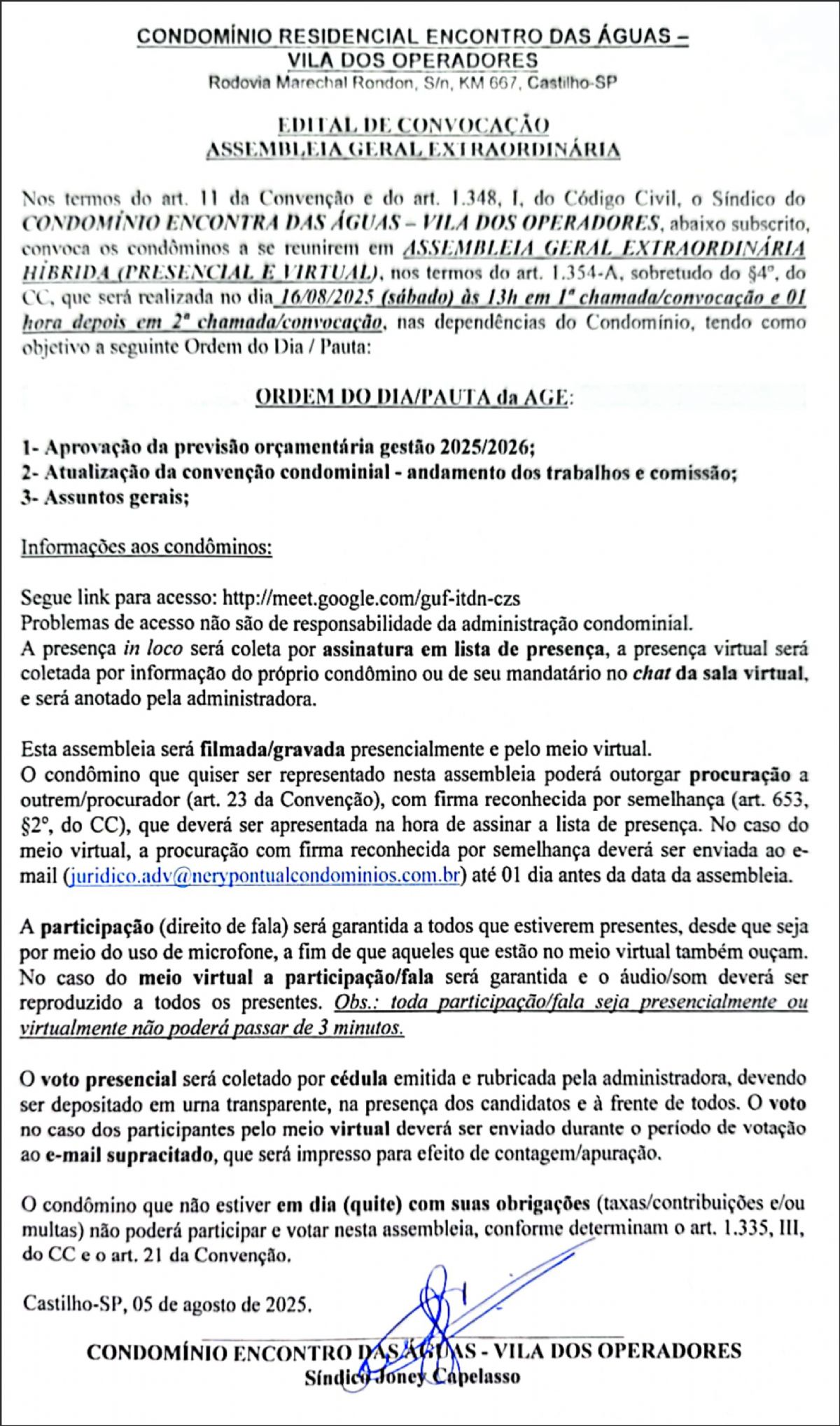 Edital de Convocação Assembleia Geral Extraordinária - Condômino Encontro das Águas Vila dos Operadores - Edital de Convocação - Condômino Encontro das Águas Vila dos Operadores