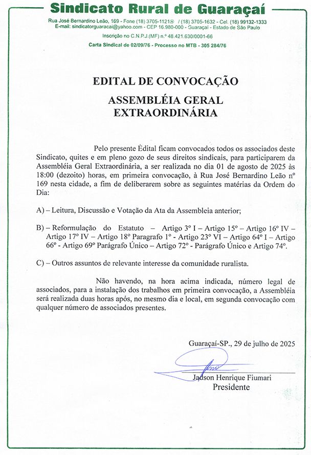 EDITAL DE CONVOCAÇÃO - ASSEMBLEIA GERAL EXTRAORDINÁRIA - SINDICATO RURAL DE GUARAÇAÍ - Edital de Convocação - Sindicato Rural de Guaraçaí