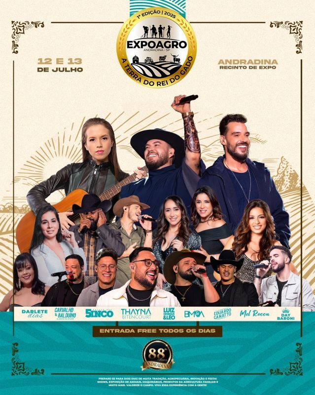 Expoagro celebra os 88 anos de Andradina com tradição, agronegócio e shows gratuitos - Expoagro acontece em 12 e 13 de julho no recinto da Expoan Expoagro celebra os 88 anos de Andradina com tradição, agronegócio e shows gratuitos - Expoagro acontece em 12 e 13 de julho no recinto da Expoan