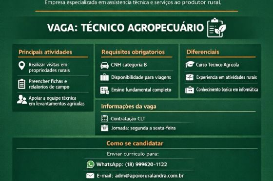 Apoio Rural anuncia vaga para Técnico Agropecuário em Andradina
