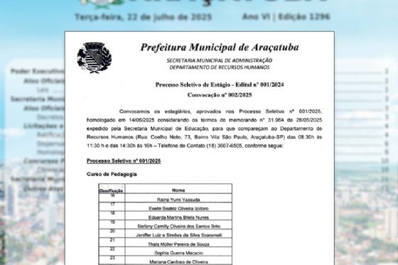 Araçatuba convoca 10 estagiários de Pedagogia para atuarem nas escolas municipais