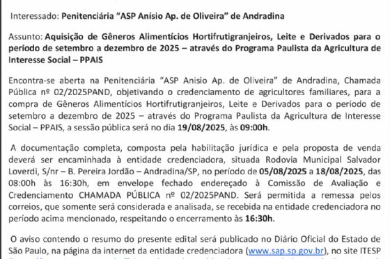 AVISO DE CREDENCIAMENTO - Penitenciária “ASP Anísio Ap. de Oliveira” de Andradina