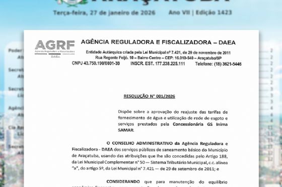 Contas de água e esgoto em Araçatuba terão reajuste de 4,26% a partir de março