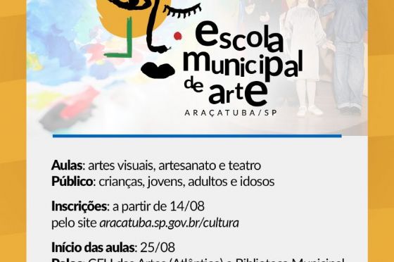 Araçatuba abre inscrições para 225 vagas gratuitas em cursos de teatro, artes visuais e artesanato