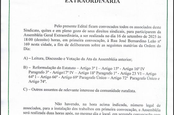 Edital de Convocação Assembleia Geral Extraordinária - Sindicato Rural de Guaraçaí