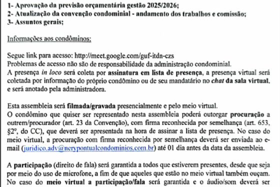 Edital de Convocação Assembleia Geral Extraordinária - Condômino Encontro das Águas Vila dos Operadores