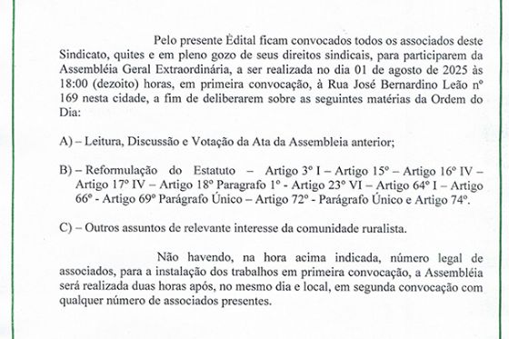 EDITAL DE CONVOCAÇÃO - ASSEMBLEIA GERAL EXTRAORDINÁRIA - SINDICATO RURAL DE GUARAÇAÍ