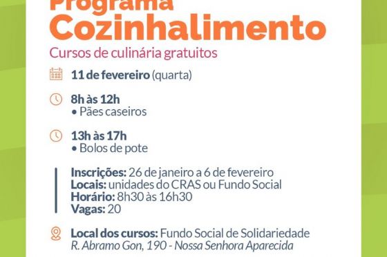Inscrições para seis cursos do Programa Cozinhalimento vão até o dia 6 de fevereiro