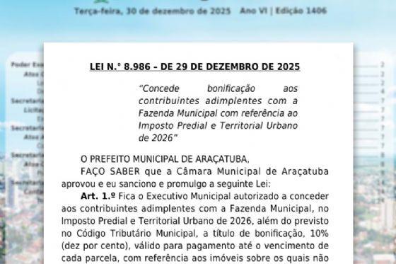 Prefeitura de Araçatuba concede desconto de 10% no IPTU 2026 para contribuintes em dia