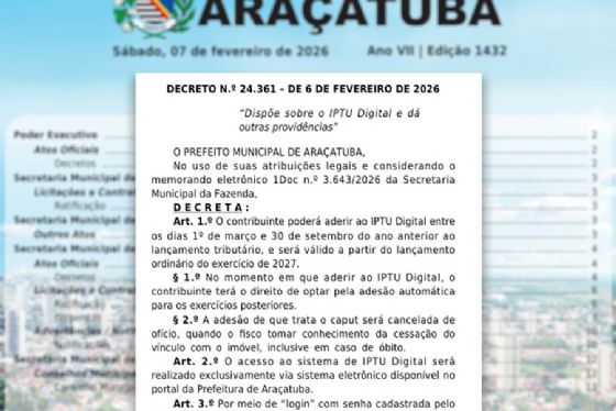 Prefeitura de Araçatuba institui IPTU Digital e abre adesão a partir de 1º de março