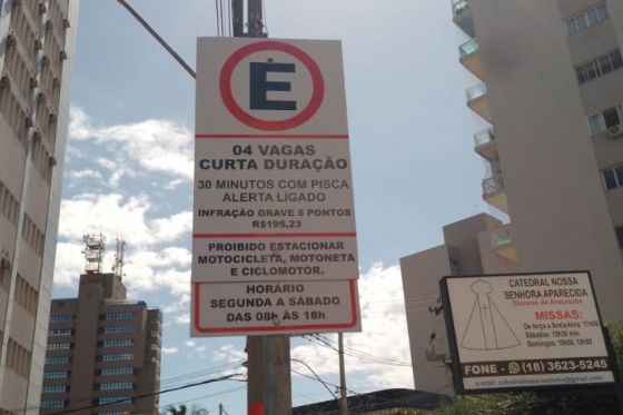 Vagas de curta permanência no centro de Araçatuba terão ajuste no horário e vão encerrar às 18h